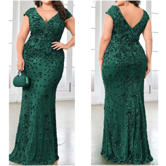 Plus V neck Sequin High Waisted Formal Black Tie Wedding Dress - Picture 4 of 13